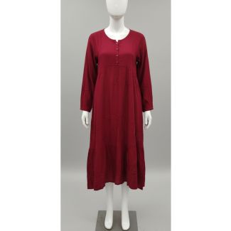 Deep maroon full sleeve cotton maxi dress displayed on a mannequin in India