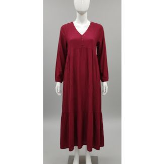 Maroon solid cotton maxi dress long sleeve V-neck India