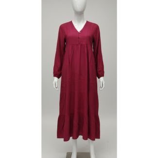 Maroon solid long sleeve midi dress V-neck