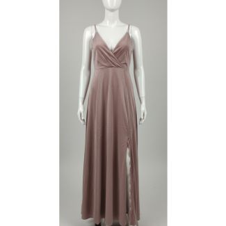 Mauve velvet maxi dress with spaghetti straps and a thigh-high side slit.