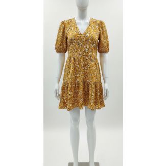 Mustard yellow western mini dress with all-over white floral print and short puffed sleeves India