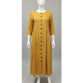 Mustard yellow A-line maxi dress with 3/4 sleeves and contrasting black button front India