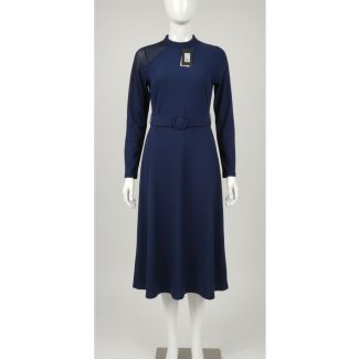 Navy blue belted midi dress long sleeve A-line India