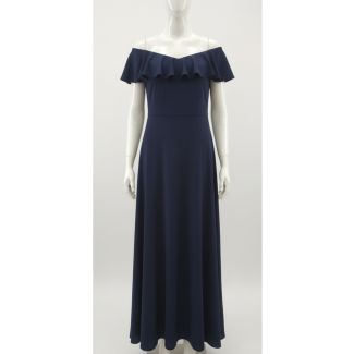 Navy blue off-shoulder maxi dress with ruffle detail for party wear