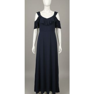 Navy blue maxi dress with ruffle detailing and cold shoulder India