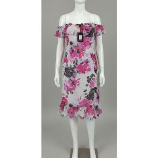 White off-shoulder floral print dress with pink and grey flowers and ruffles