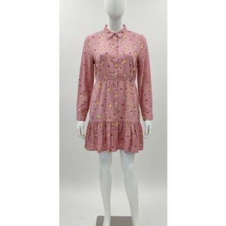 Pink floral print button-down A-line dress with tiered hem