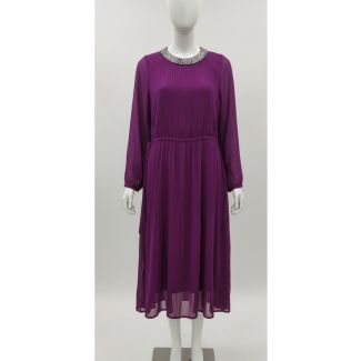 Rich purple long sleeve chiffon dress with silver embellished round neckline on a mannequin, India