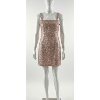 Rose gold sequin mini dress with thick straps on a mannequin India