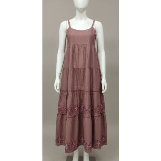 Dusty mauve tiered maxi dress with spaghetti straps and intricate embroidery on the hem India