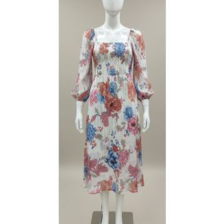 White floral print midi dress with bishop sleeves and square neck