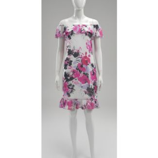 White floral off-shoulder mini dress with ruffles India