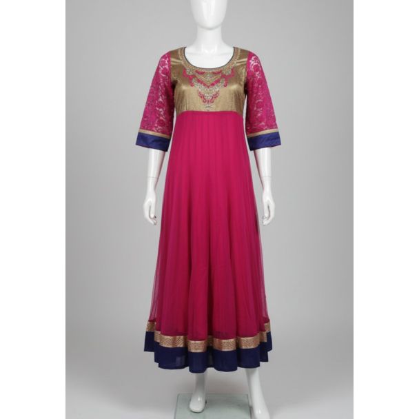 Magenta Gold Embroidered Anarkali Kurti 3/4 Lace S - Optimized