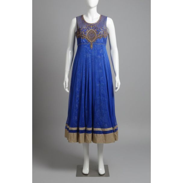 Royal Blue Gold Embroidered Sleeveless Anarkali Ku - Optimized