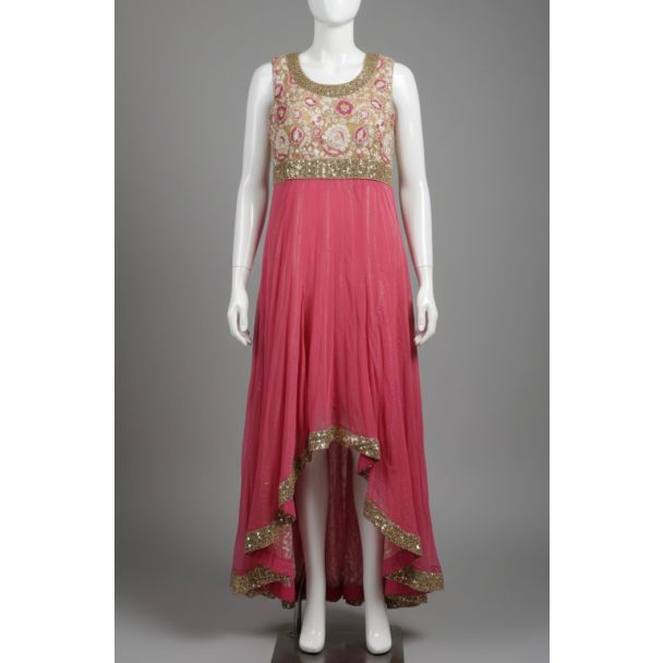 Pink Sleeveless Embroidered High-Low Hem Kurti - Optimized