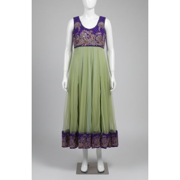 Purple Green Embroidered Sleeveless Anarkali Gown - Optimized