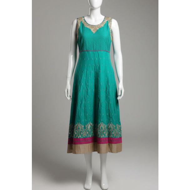 Teal Green Gold Embroidered Sleeveless A-Line Kurt - Optimized