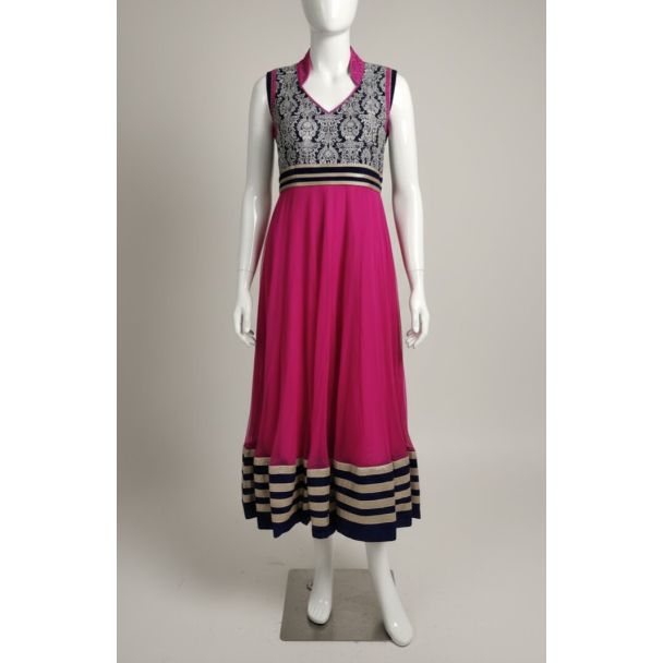 Fuchsia Navy Embroidered Anarkali Sleeveless V-Nec - Optimized