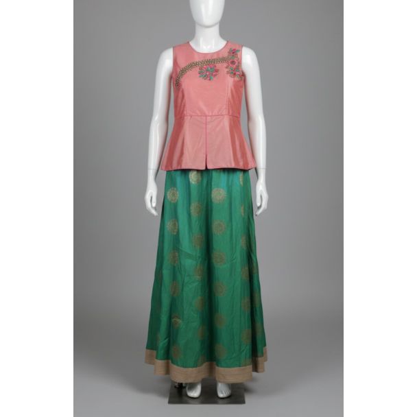 Pink Embroidered Peplum Top Green Motif Skirt - Optimized