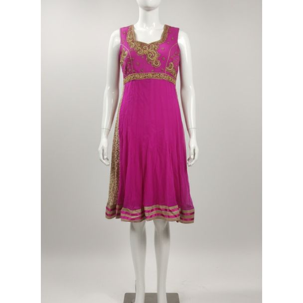 Fuchsia Gold Embroidered Georgette Sleeveless Anar - Optimized