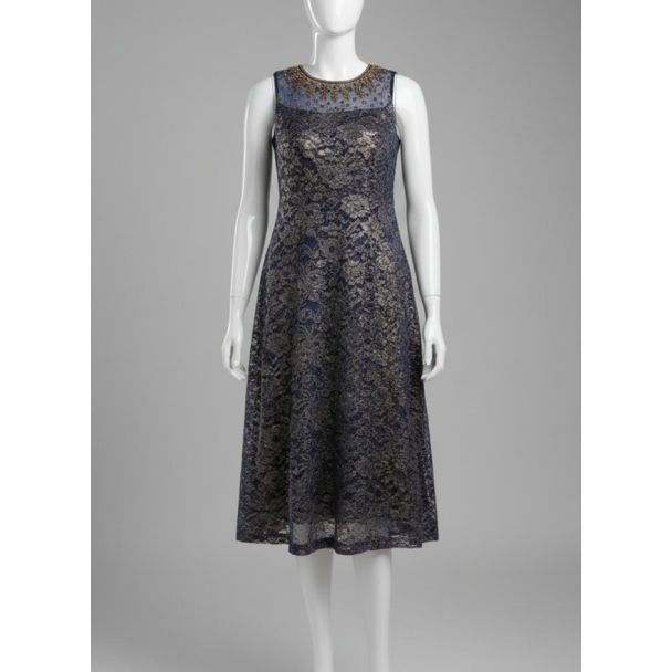 Navy Gold Floral Lace Sleeveless A-line Midi Dress - Optimized