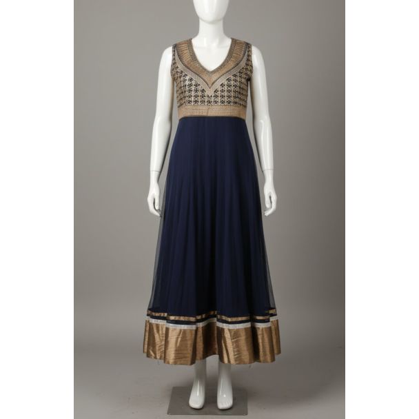 Navy Blue Gold Embroidered Sleeveless V-Neck Anark - Optimized
