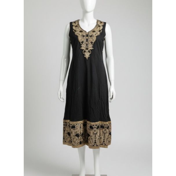 Black Gold Embroidered Sleeveless A-Line Kurti V-N - Optimized