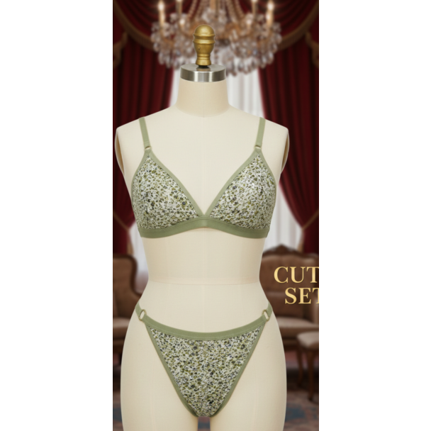 Sage green floral print cotton bra and panty set India