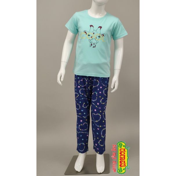 Aqua short sleeve t-shirt with giraffe print and navy heart pattern pyjama bottoms