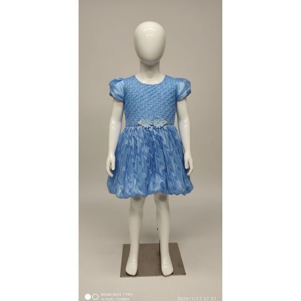 Baby blue pleated party dress with puff sleeves and floral waist detail