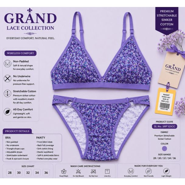 Grand purple floral cotton sinker bra and bikini panty set