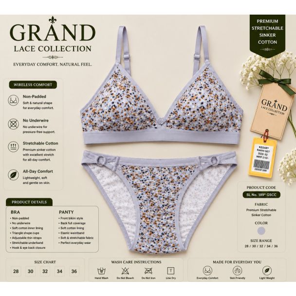 Grand floral print lilac cotton bra and bikini panty set for women India