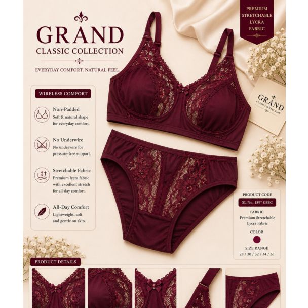 Women's Maroon Lace Bra and Panty Set with ultra stretch fabric India