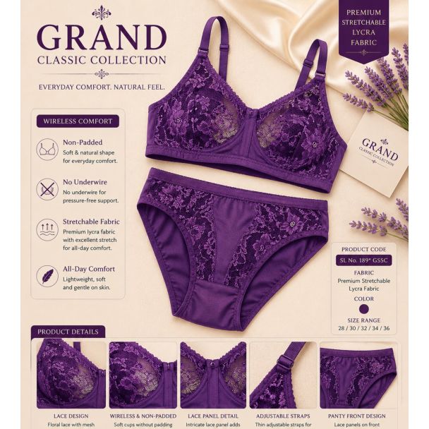 Women's purple lace bra panty set in ultra stretch lycra fabric India