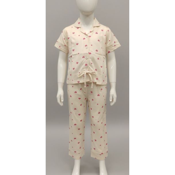 Cream heart print cotton pajama set short sleeve India
