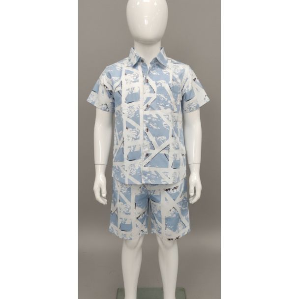 Baby blue cotton shirt and shorts set with white abstract print - Casual wear for kids