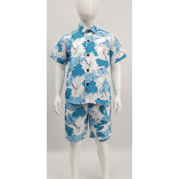 Turquoise blue and white abstract print cotton shirt and shorts set on a mannequin