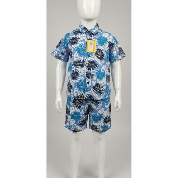 Boys light blue tropical leaf print cotton short sleeve shirt and matching shorts set
