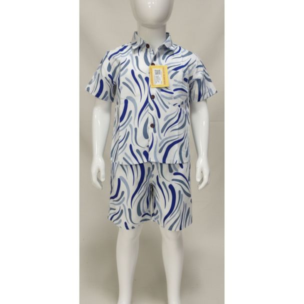 White, blue, and grey abstract wave print cotton shirt and shorts set on a mannequin.