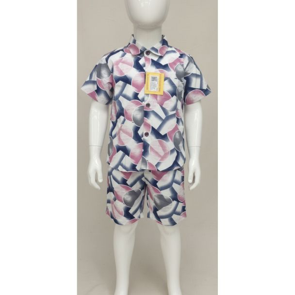 Boys multi-colored abstract print cotton short sleeve shirt and shorts set displayed
