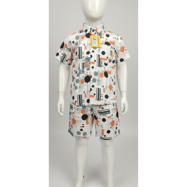 White cotton two-piece set for boys featuring an abstract orange and black print, short sleeves and collar.