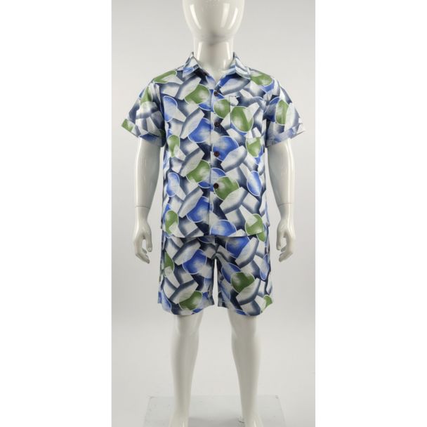 Boys white mannequin wearing a matching blue, green, and white abstract print short sleeve shirt and shorts set.