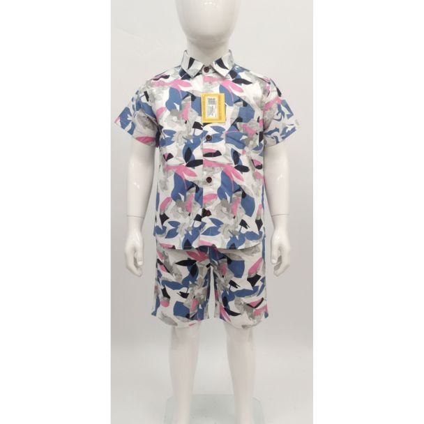 White, blue, and pink abstract print short sleeve shirt and shorts set on a child mannequin