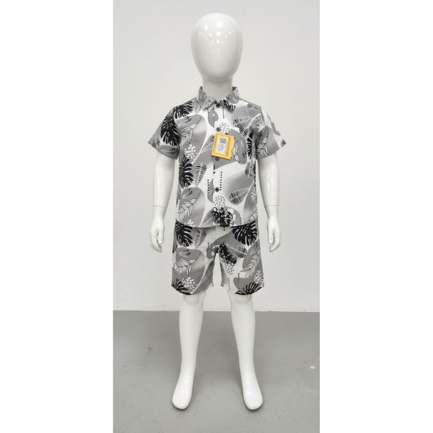 Boys' Black and Gray leaf print cotton shirt and shorts set