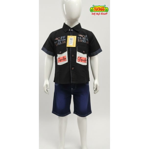Boys black graphic print cotton shirt with blue denim shorts set