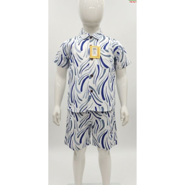 Boys white and blue abstract print short sleeve shirt and shorts summer set