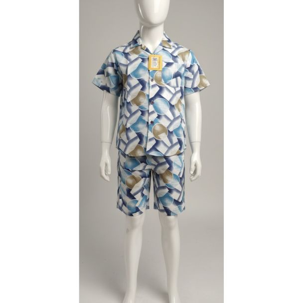 Boys' Blue and White Geometric Print Cotton Short Sleeve Set - Gangavathi Exports