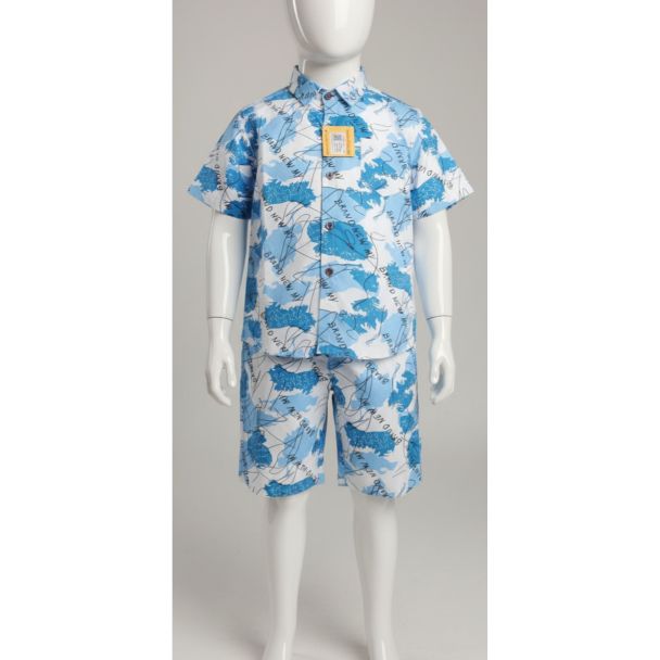 Boys blue and white abstract print short sleeve collared shirt and matching shorts set