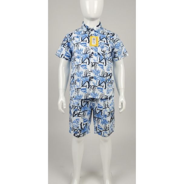 Boys' blue printed cotton shirt and shorts set with a unique print - Gangavathi Exports