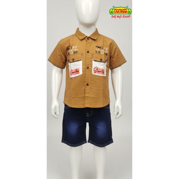 Boys brown cotton shirt with navy denim shorts set